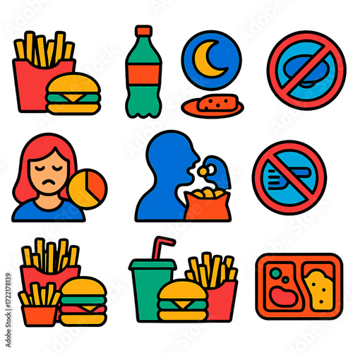 Unhealthy Eating Icons. Flat vector icons of unhealthy eating habits: junk food icon, sugary drink bottle, late-night snack symbol