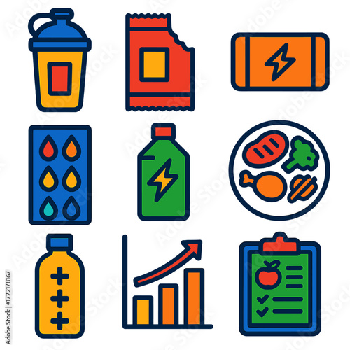 Sports Nutrition Icons. Flat vector icons of sports and performance nutrition: protein shake bottle, pre-workout snack icon,
