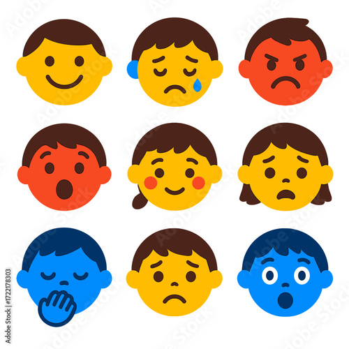 Children's Emotion Icons. Flat vector icons of children’s emotions and expressions: happy face icon, sad tear face, angry emoji,