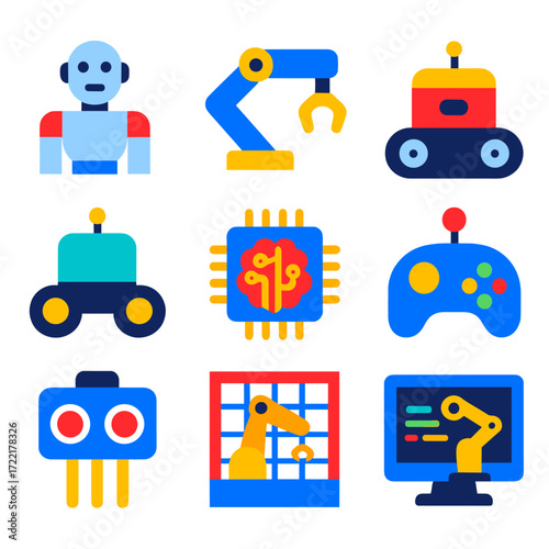 Robotics Innovation Icons. Flat vector icons of robotics and tech innovation: humanoid robot icon, mechanical gripper arm,