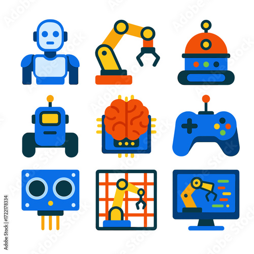 Robotics Innovation Icons. Flat vector icons of robotics and tech innovation: humanoid robot icon, mechanical gripper arm,