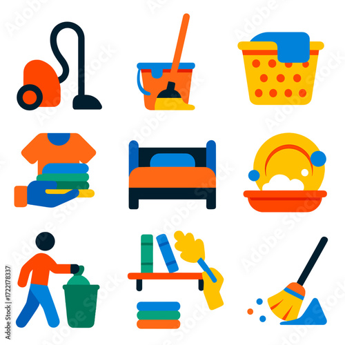 Bold Chore Icons. Flat vector icons of daily household chores: vacuum cleaner icon, mop and bucket, laundry basket, folding