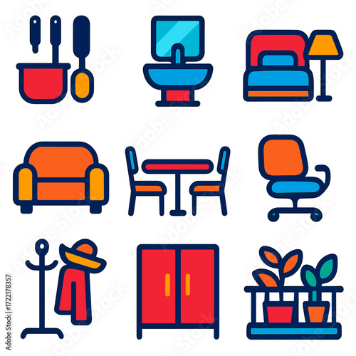 Modern Home Icons. Flat vector icons of house zones and rooms: kitchen with utensils, bathroom with mirror, bedroom with lamp,