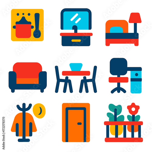 Modern Home Icons. Flat vector icons of house zones and rooms: kitchen with utensils, bathroom with mirror, bedroom with lamp,