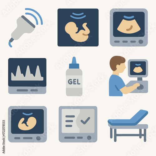 Ultrasound Diagnostics Icons. Flat vector icons of ultrasound diagnostics: transducer probe, fetal scan image, abdominal scan