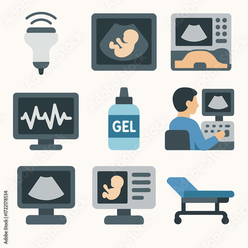 Ultrasound Diagnostics Icons. Flat vector icons of ultrasound diagnostics: transducer probe, fetal scan image, abdominal scan
