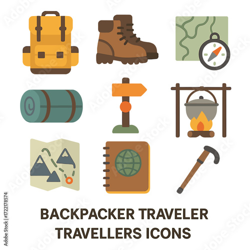Backpacker Essentials Icons. Flat vector icons of backpacker travelers: hiking backpack icon, travel boots, map and compass,