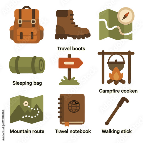 Backpacker Essentials Icons. Flat vector icons of backpacker travelers: hiking backpack icon, travel boots, map and compass,