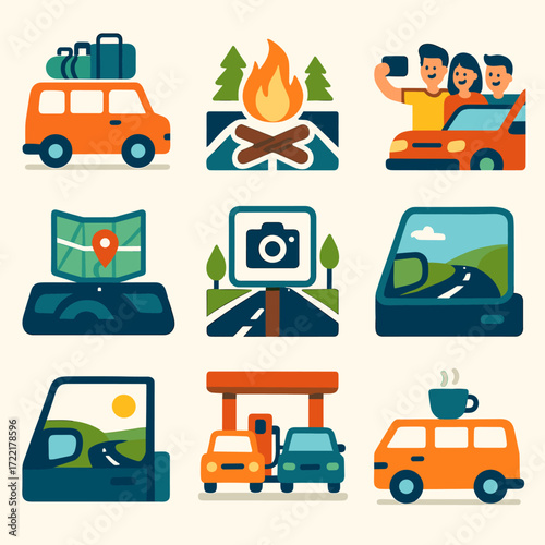 Road Trip Icons. Flat vector icons of road trip communities: van with luggage, roadside campfire, group selfie by car, open map on