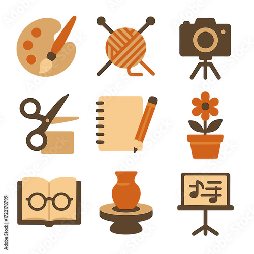 Creative Hobby Icons. Flat vector icons of creative hobby symbols: paintbrush and palette, knitting needles and yarn, camera on
