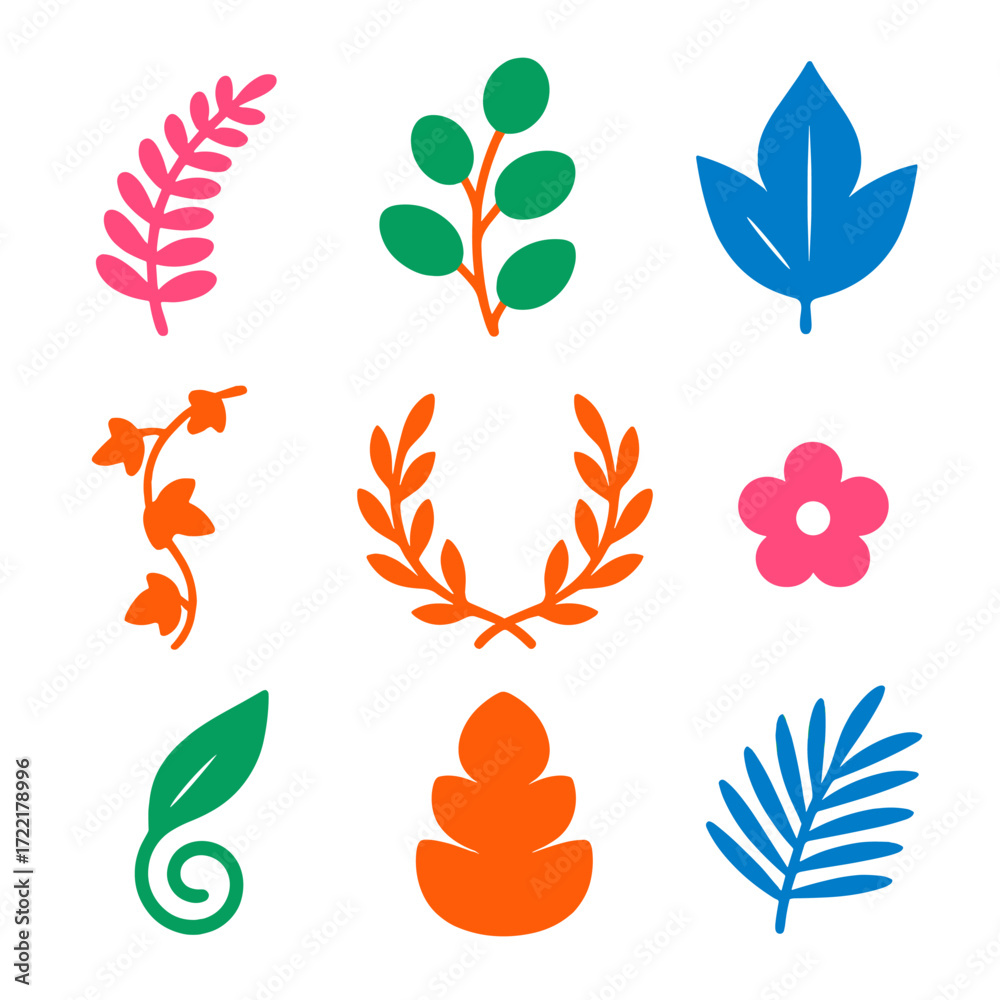 Fototapeta premium Minimalist Botanical Icons. Flat vector icons of monochrome botanical symbols: fern curve element, eucalyptus sprig, herbal leaf