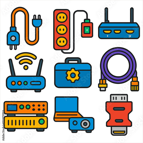 Event Tech Icons. Flat vector icons of technology setup for events: extension cable icon, power strip with switch, HDMI splitter