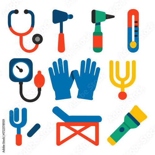 Medical Tool Icons. Flat vector icons of physical examination tools: stethoscope icon, reflex hammer, otoscope device, thermometer