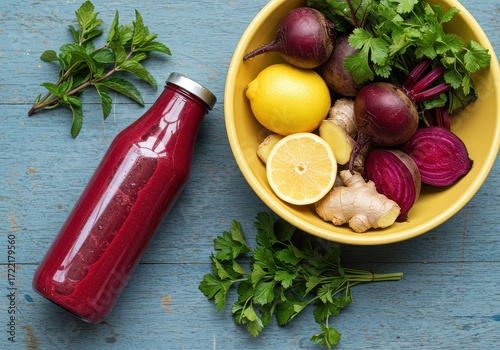 Red beverage in bottle with beets lemons ginger and herbs in yellow bowl on blue wooden surface