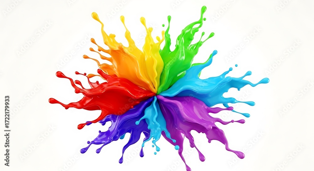 Obraz premium Vibrant Rainbow Paint Splashes Bursting Outward on a Clean White Background