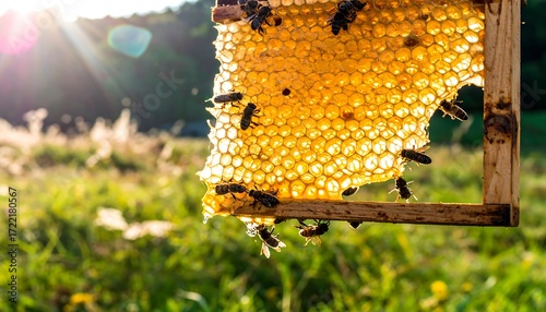 Honeycomb frame with bees in a field at sunset