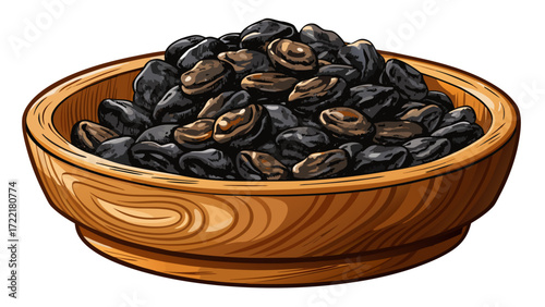 Black raisins in wooden bowl isolated on white background, detailed vector illustration, dried fruit snack, perfect for culinary graphics, healthy food packaging, organic cooking themes, kitchen decor