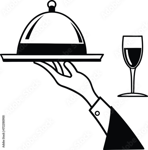 Waiter Hand Holding Cloche with Wine Glass - Elegant Restaurant Service Icon