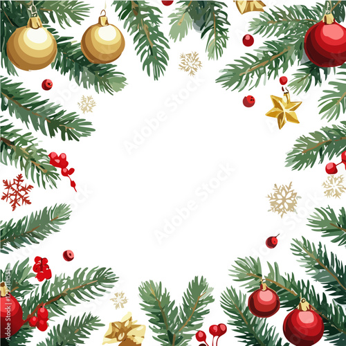 Christmas Pine Frame with Red and Gold Ornaments, Holly, and Snowflakes on White Background
