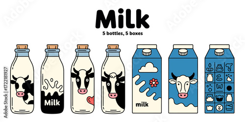 Product design mockup of five milk bottles
