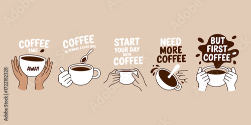 Set of five minimalist coffee themed illustrations
