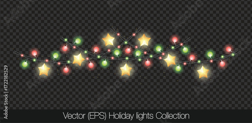Charming Holiday lights with glowing stars, colorful light bulbs and twinkles, isolated on transparent background. Decorative colorful string lights with twinkle