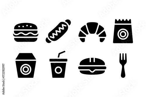A set of eight black and white food icons for design projects