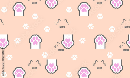 Cat paw vector background. Kitten footprint seamless pattern with text: meow. Kawaii cute doodle vector illustration, background.
