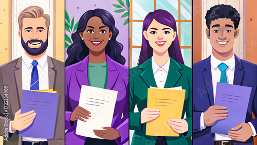 Vector of male and female lawyers set with documents, professional office staff illustration, justice system, attorney characters.