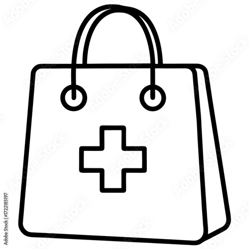 Minimalist icon of medical shopping bag with cross symbol
