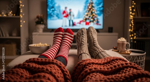 Couple watches Christmas movie at home. People in warm socks on couch under knitted blanket. Festive scene with TV, popcorn, hot chocolate captures holiday togetherness and winter comfort.