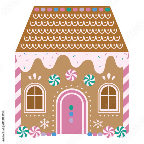 Christmas gingerbread house, candy house. Vector illustration. Christmas Cookies with Icing Glaze, Candy, Dragee. Baking Element