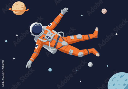 An astronaut floats weightlessly in space, surrounded by planets. A vibrant, modern illustration perfect for space-themed designs and marketing.