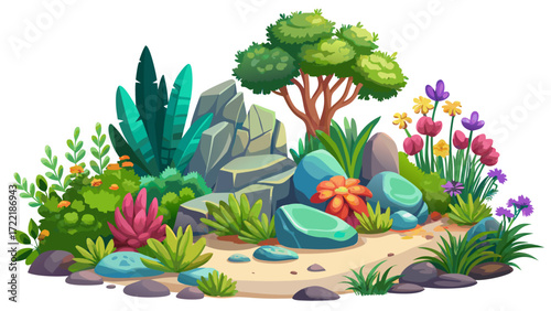 Garden design flower plants and rocks isolated on white background, detailed vector illustration, vibrant natural elements, perfect for landscaping graphics, outdoor decor themes, botanical artwork, 