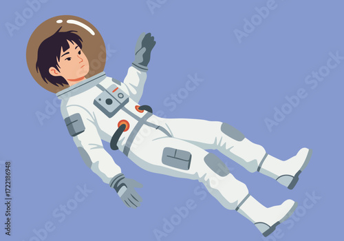 A young boy astronaut floats in a test environment, demonstrating weightlessness. Clean, modern illustration style. Ideal for educational or space-themed visuals.