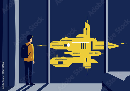 A young man gazes out a window at a futuristic cityscape reflected in the glass. Modern, minimalist design with a focus on perspective and scale.  Oversee Stay branding.