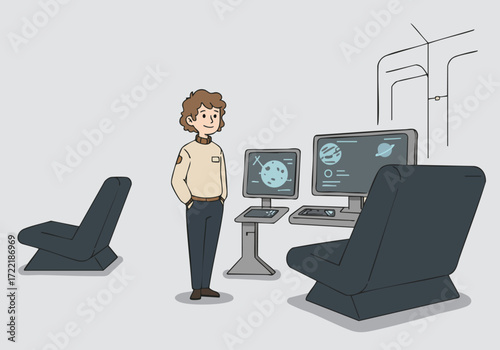 A young professional observes space data on a monitor in a modern control room. He?s smiling, wearing a casual shirt, and stands before two chairs and a sleek computer setup. Clean, minimalist design.