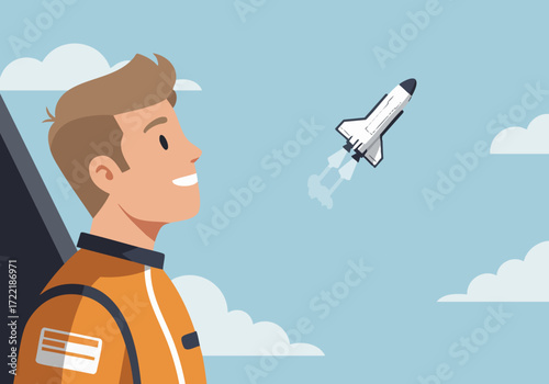 A smiling young man watches a rocket launch, symbolizing ambition and reaching for the stars. Bright, optimistic, and visually engaging.