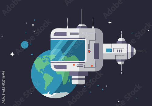 stylized space station floats above Earth showcasing a futuristic 'Smart Stay' concept Clean lines vibrant colors and a minimalist design create a visually appealing and modern illustration