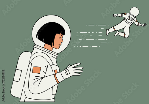 A woman in an astronaut suit reaches for a floating figure, symbolizing space optimization. Minimalist, modern illustration with a strong visual impact.