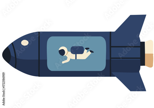 A stylized rocket ship features a floating astronaut in zero gravity. Clean, modern design with a blue background. Perfect for space, technology, or abstract concepts.