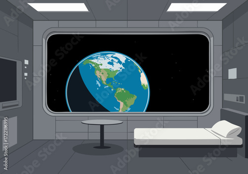A serene orbital room showcases Earth through a large window, featuring a bed and minimalist furniture. Perfect for space, travel, or relaxation themes.