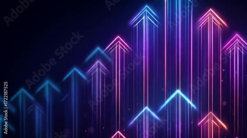 Glowing neon arrows ascend on a dark background, creating a dynamic and vibrant upward movement