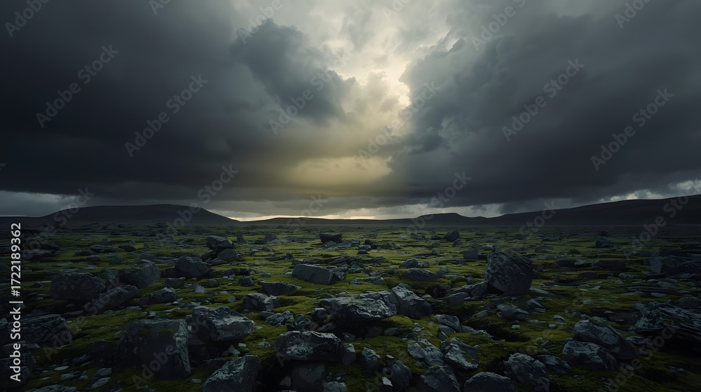 Obraz premium Moody Storm Clouds Over Rocky Green Tundra Landscape at Sunset