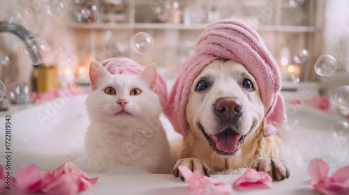 Pampered Pets Spa Day: Cat and Dog Friends in a Bubble Bath