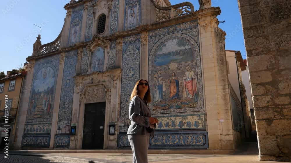 Female tourist admiring santa maria do castelo church in portugal