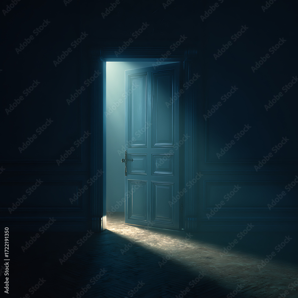 Obraz premium Interior dark room with blue matte door ajar