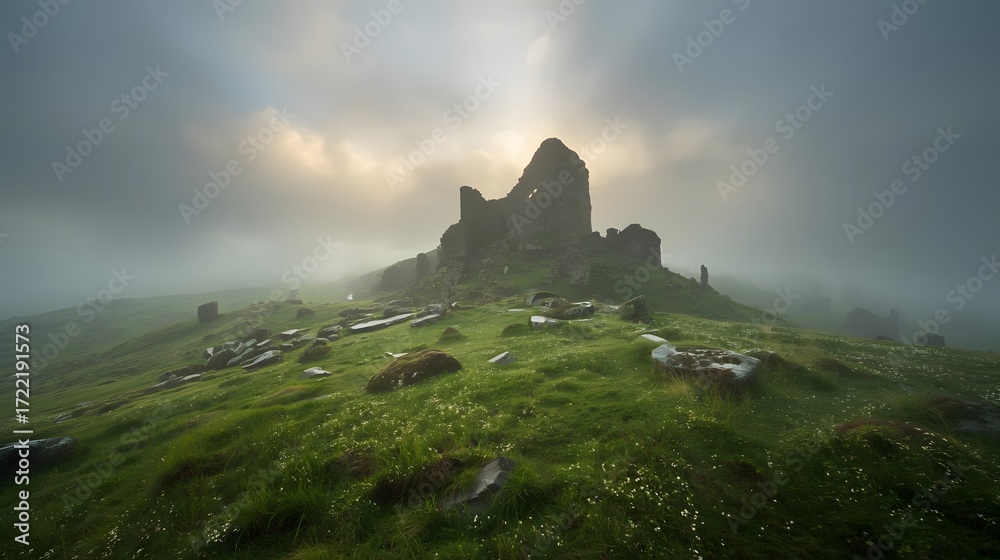 Obraz premium Ancient Stone Ruins on Misty Green Hillside at Sunrise
