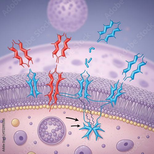 detailed scientific illustration of a cell signaling pathway. The diagram shows how ligands bind to receptors on a cell membrane, initiating complex cascade of molecular interactions within the cell.