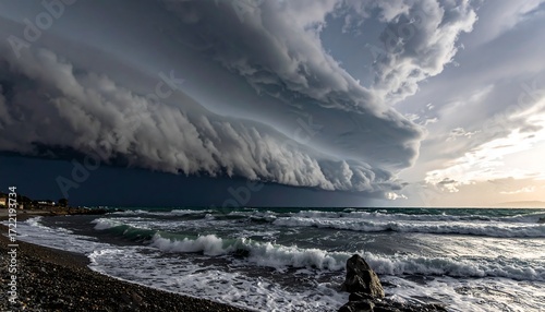 Dramatic storm clouds over a coastal beach